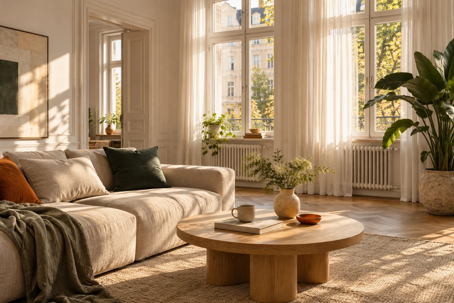 Warme Wohnszene mit Sofa, Holztisch und großen Fenstern